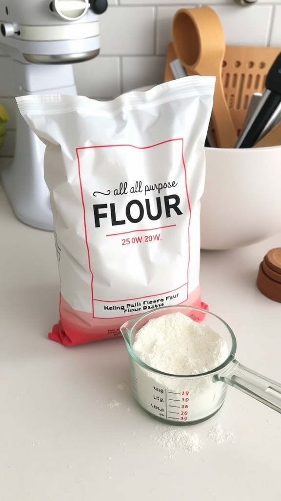 Measuring cup filled with all-purpose flour on a kitchen counter with baking tools.